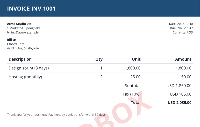 Top half of page 1 of a sample invoice PDF rendered by Rendlet: INVOICE INV-1001 from Acme Studio Ltd to Globex Corp, total USD 2,035.00